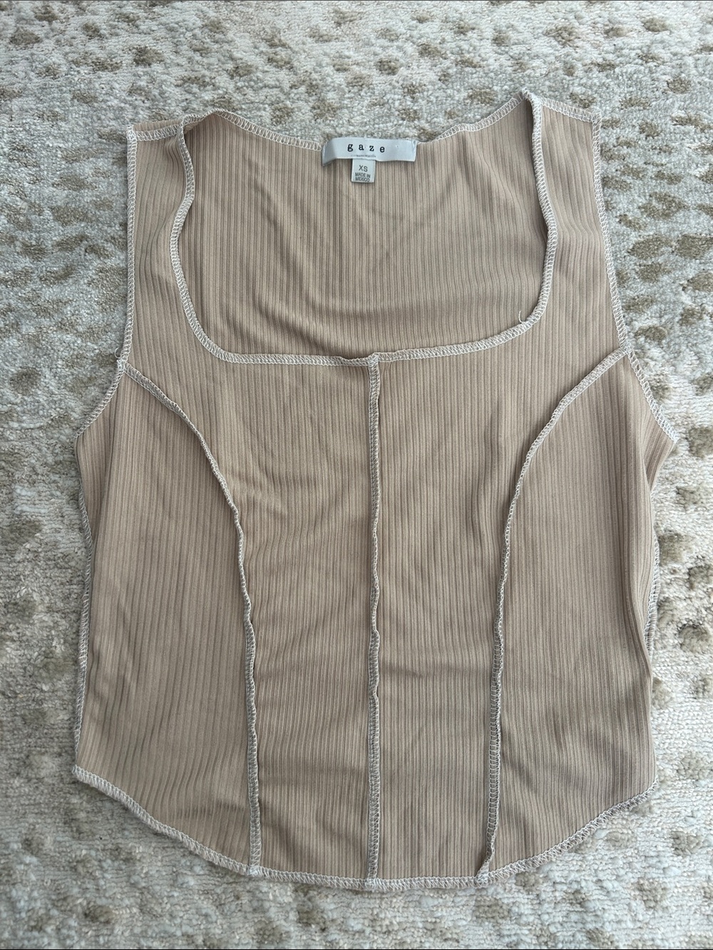 gaze Beige Ribbed Contrast-Stitch Tank Top